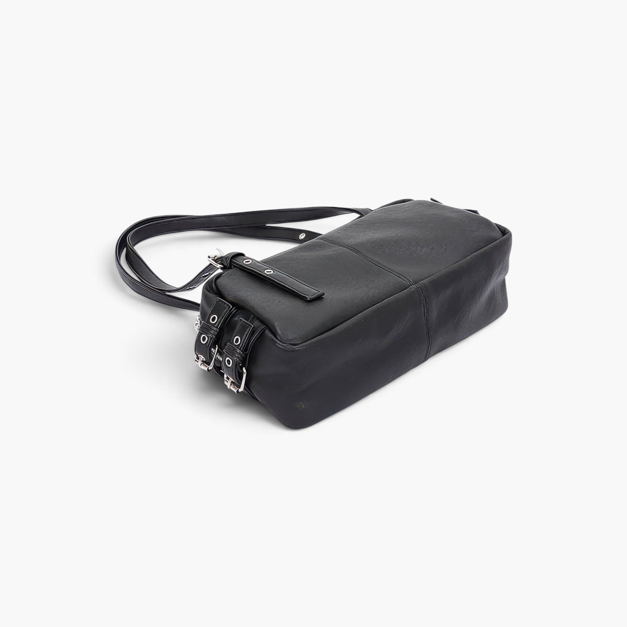Beach Rose Co. black faux leather sport bag with dual handles and silver metal buckle hardware details.