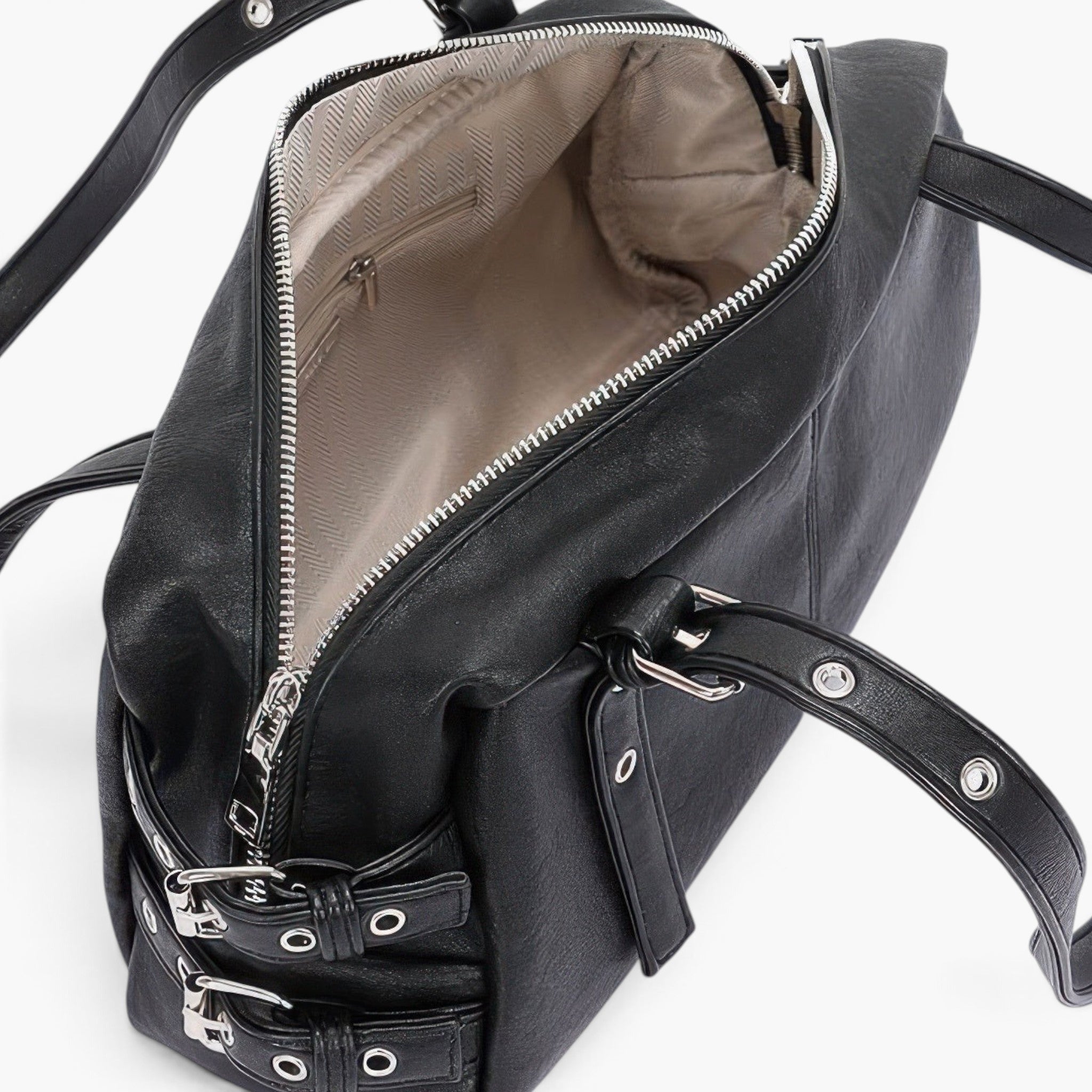 Beach Rose Co. black faux leather sport bag with dual handles, silver metal hardware, and a zippered main compartment.