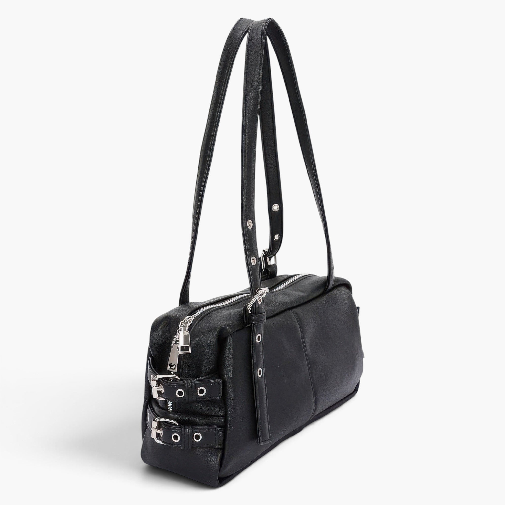 Beach Rose Co. black faux leather sport bag with dual handles, side buckle details, and silver metal hardware.