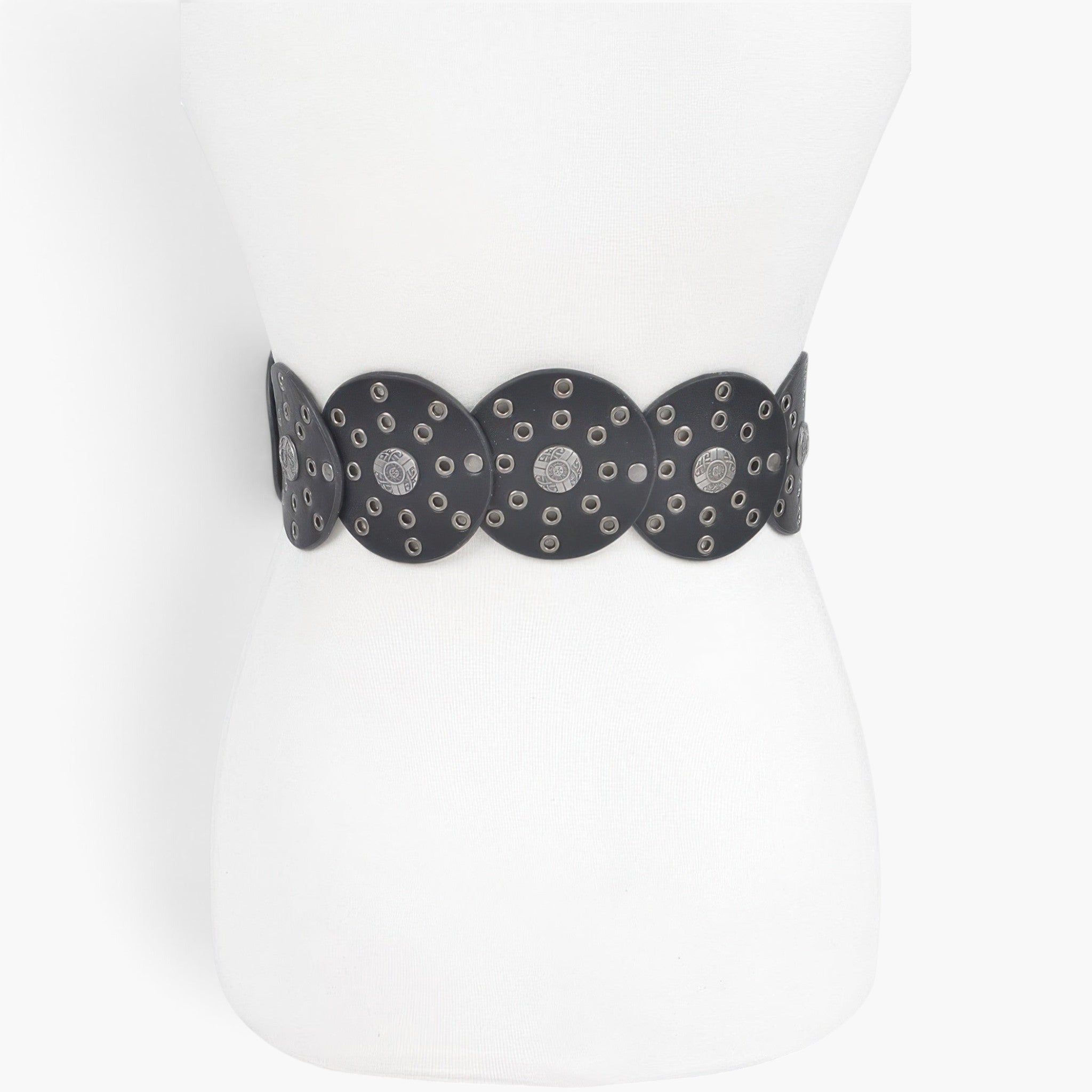 Beach Rose Co. black faux leather western belt featuring round panels with silver eyelet details on a mannequin torso