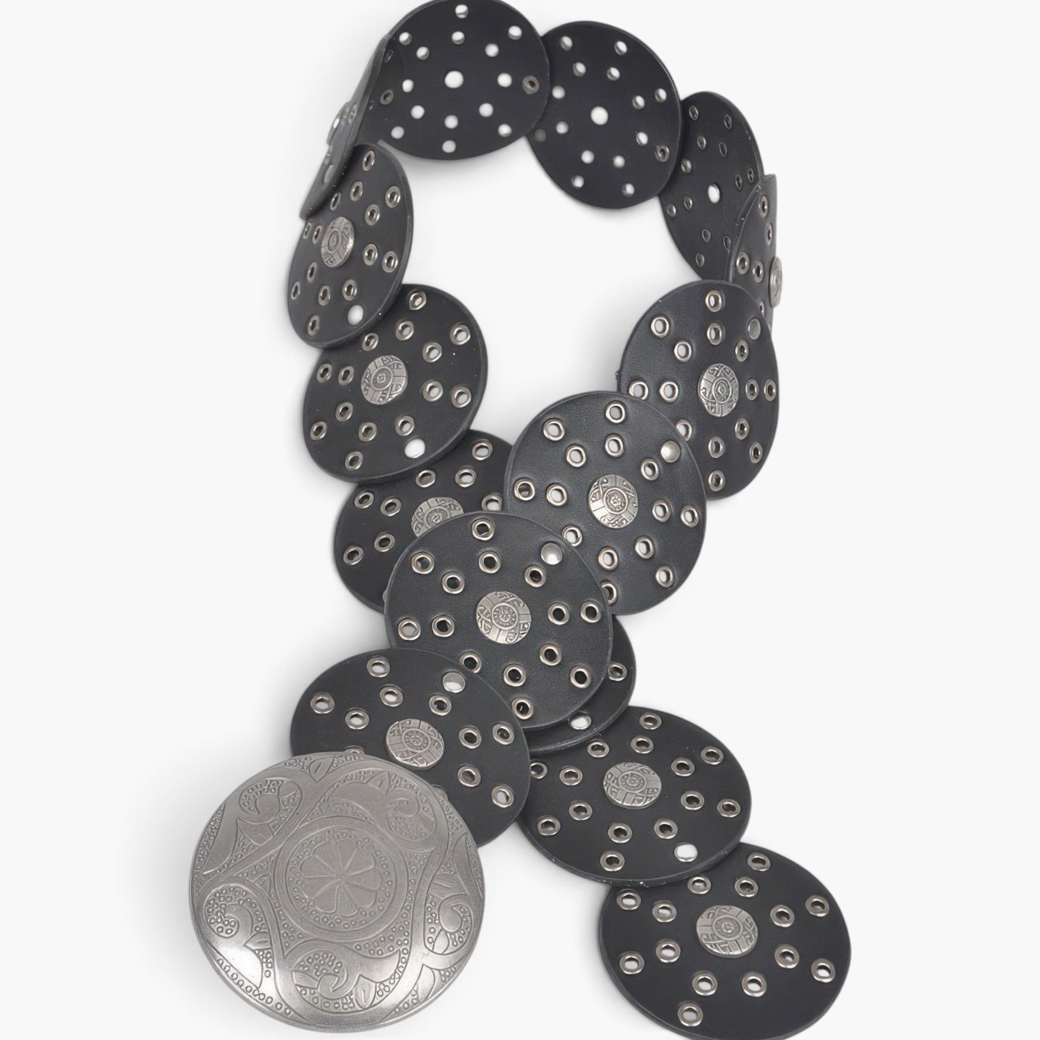 Beach Rose Co. black faux leather western belt featuring circular panels with silver eyelets and an ornate round buckle