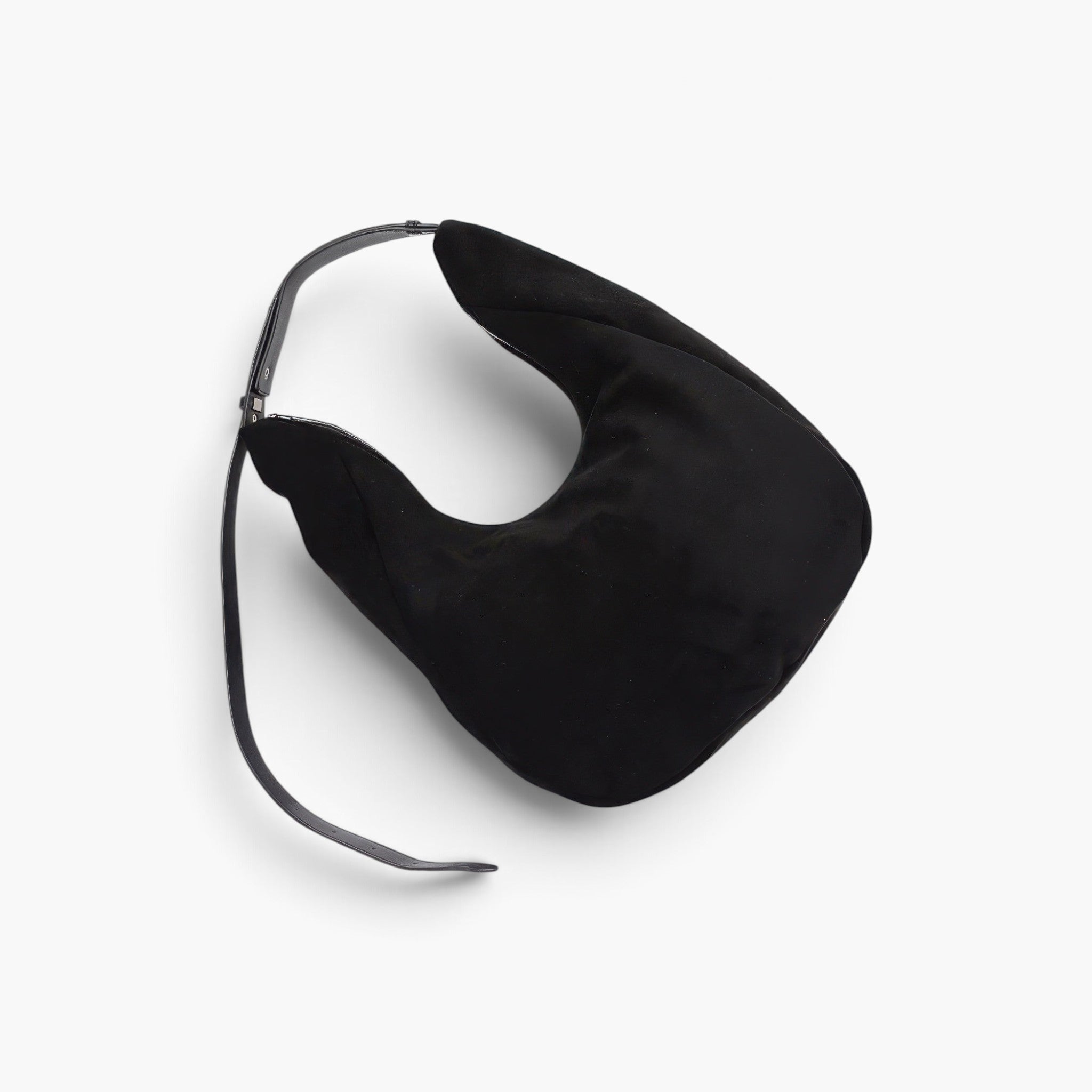 Beach Rose Co. black faux suede bindle bag with a minimalist structured silhouette and a sturdy leather strap.