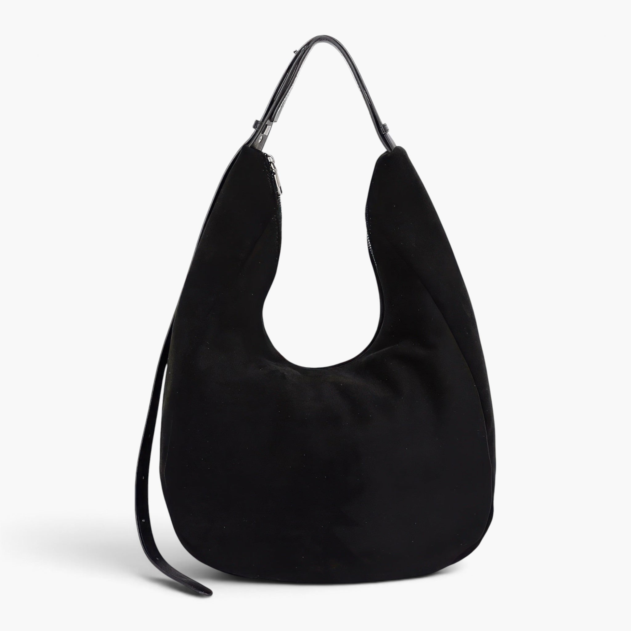 Beach Rose Co. black faux suede bindle bag with a structured silhouette and a sturdy leather shoulder strap.