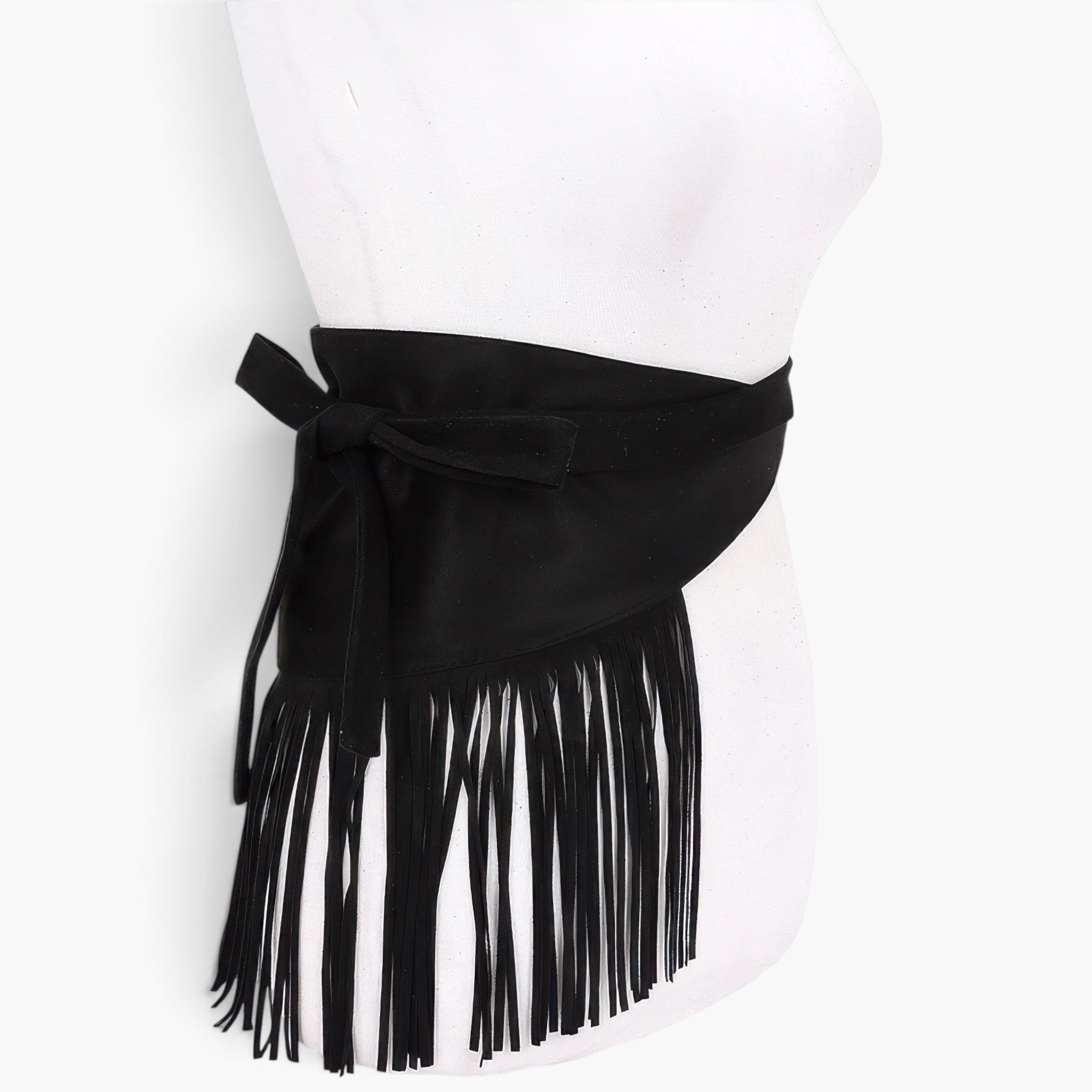Beach Rose Co. black faux suede fringe belt tied at the waist on a mannequin, featuring long swaying fringe details.