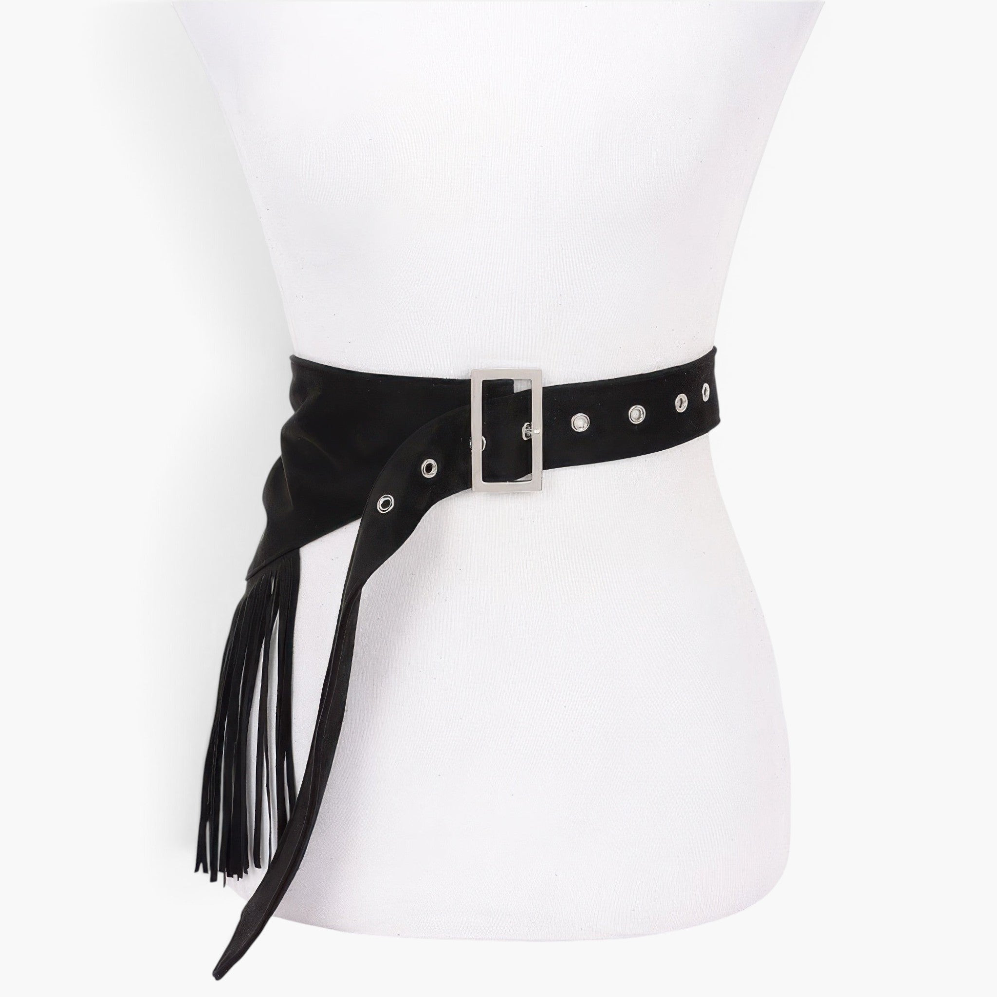 Beach Rose Co. black faux suede belt featuring long fringe details, silver-tone grommets, and a rectangular buckle.