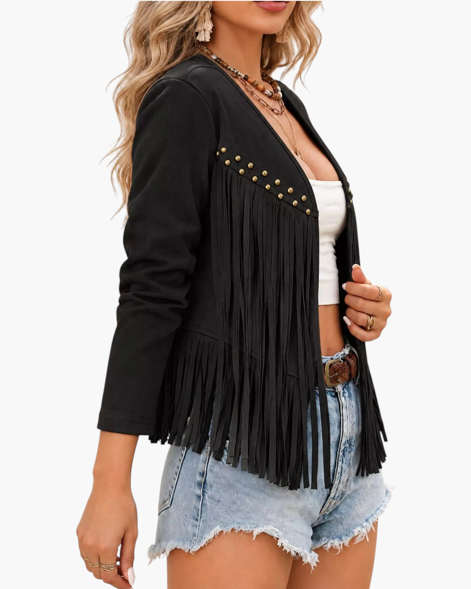 Beach Rose Co. black faux suede cropped jacket with metal stud accents and long fringe detailing.