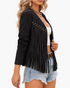 Beach Rose Co. black faux suede cropped jacket with metal stud accents and long fringe detailing.