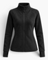 Beach Rose Co. black fitted polyester zip-up jacket with a stand collar and contoured seam detailing.