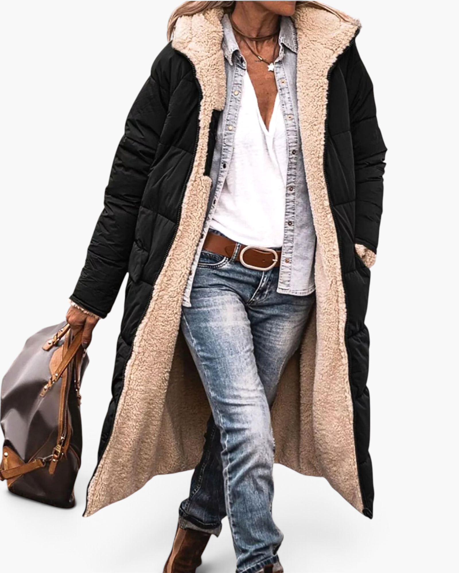 Beach Rose Co. black longline quilted coat with plush beige fleece lining, hood, and front zip, worn over jeans.