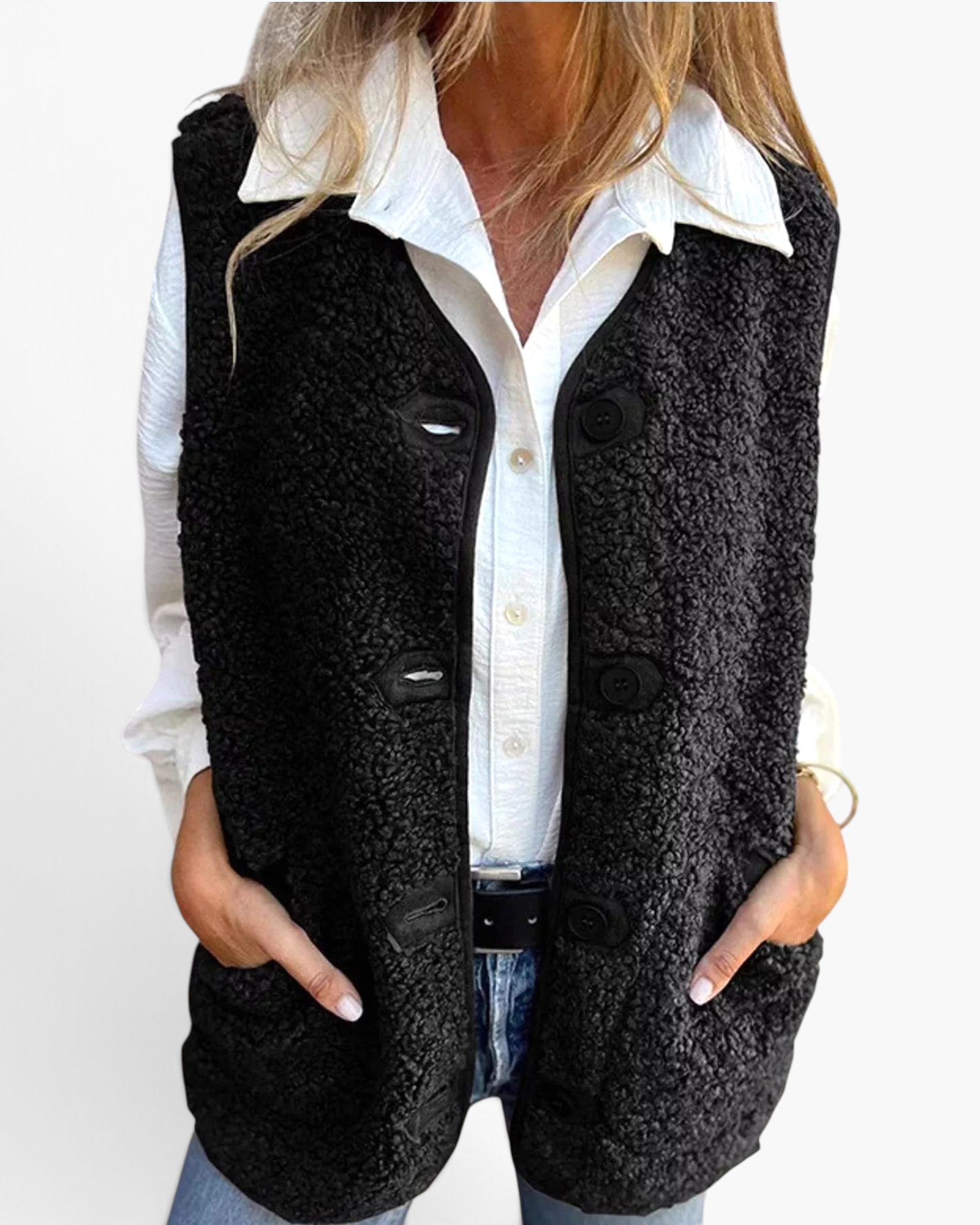 Beach Rose Co. black polar fleece button-front vest with patch pockets layered over a white shirt and blue jeans