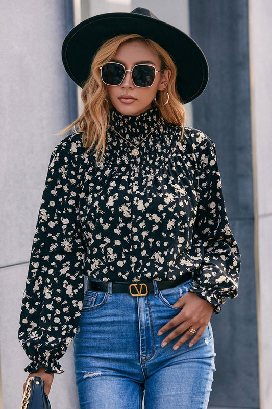 Beach Rose Co. - Black Floral Mock Neck Blouse