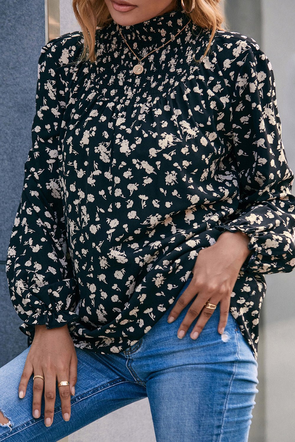 Beach Rose Co. - Black Floral Mock Neck Blouse