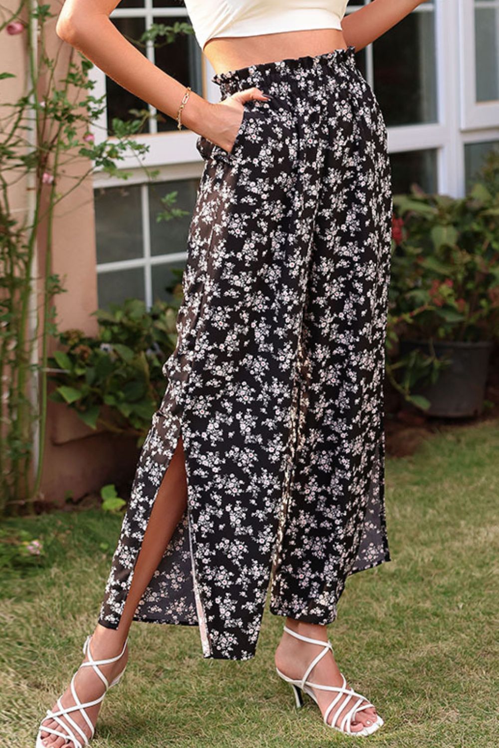 Beach Rose Co. - Black Floral Print Wide Leg Side Slit Pants