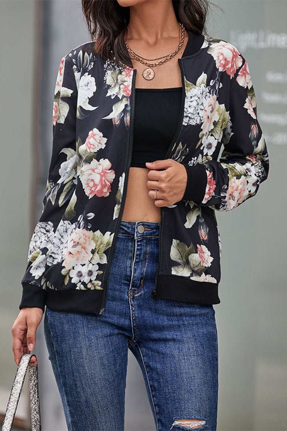 Beach Rose Co. - Black Floral Print Zip Up Bomber Jacket