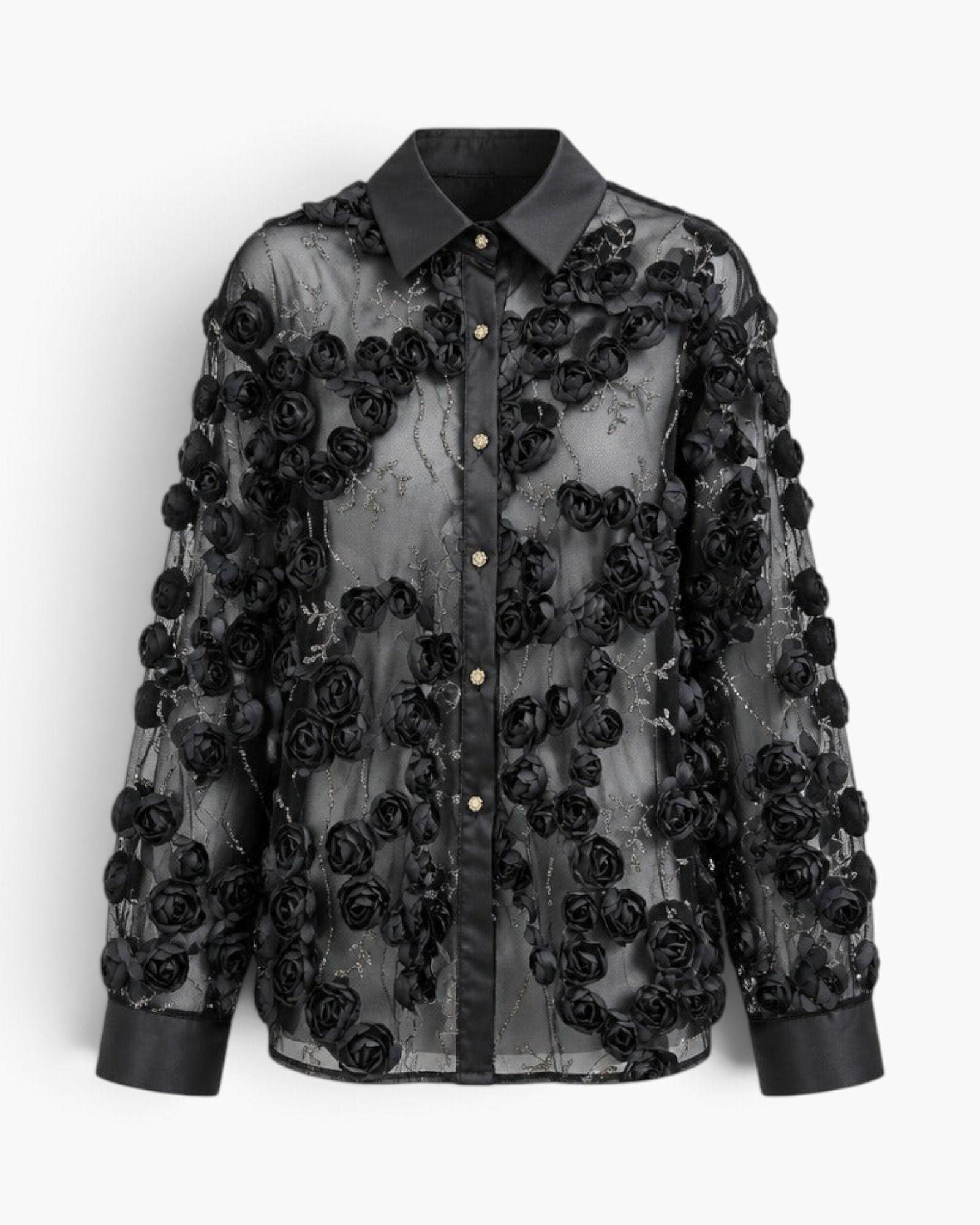 Beach Rose Co. black sheer button-up blouse featuring dimensional floral appliqués and delicate sequin embellishments.