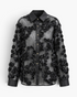Beach Rose Co. black sheer button-up blouse featuring dimensional floral appliqués and delicate sequin embellishments.