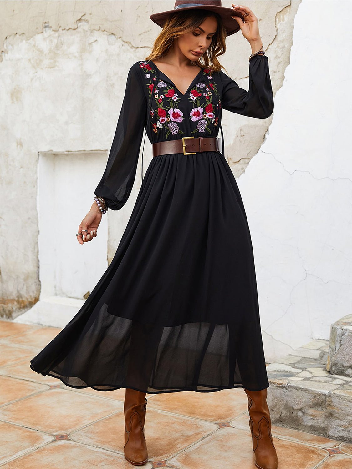 Beach Rose Co. - Black Floral Tie Neck Long Sleeve Maxi Dress