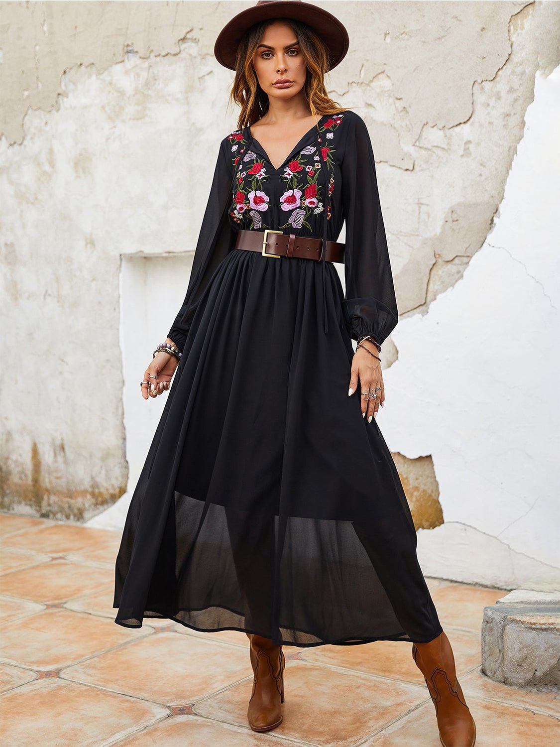 Beach Rose Co. - Black Floral Tie Neck Long Sleeve Maxi Dress