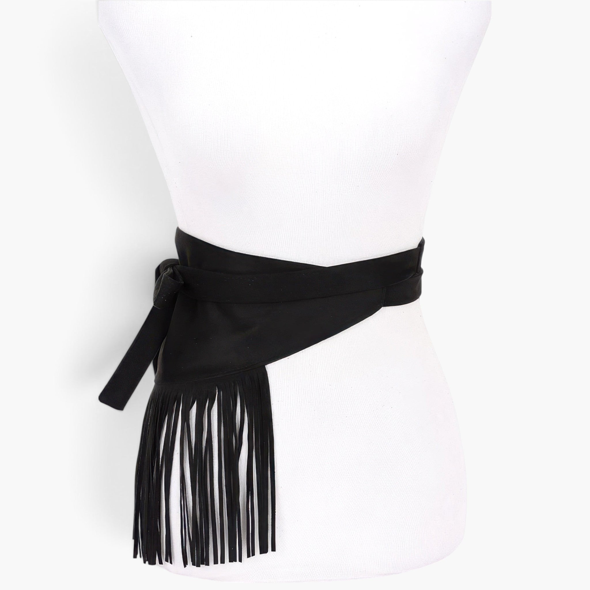 Beach Rose Co. black faux suede wrap belt featuring long fringe detailing on a white mannequin torso.
