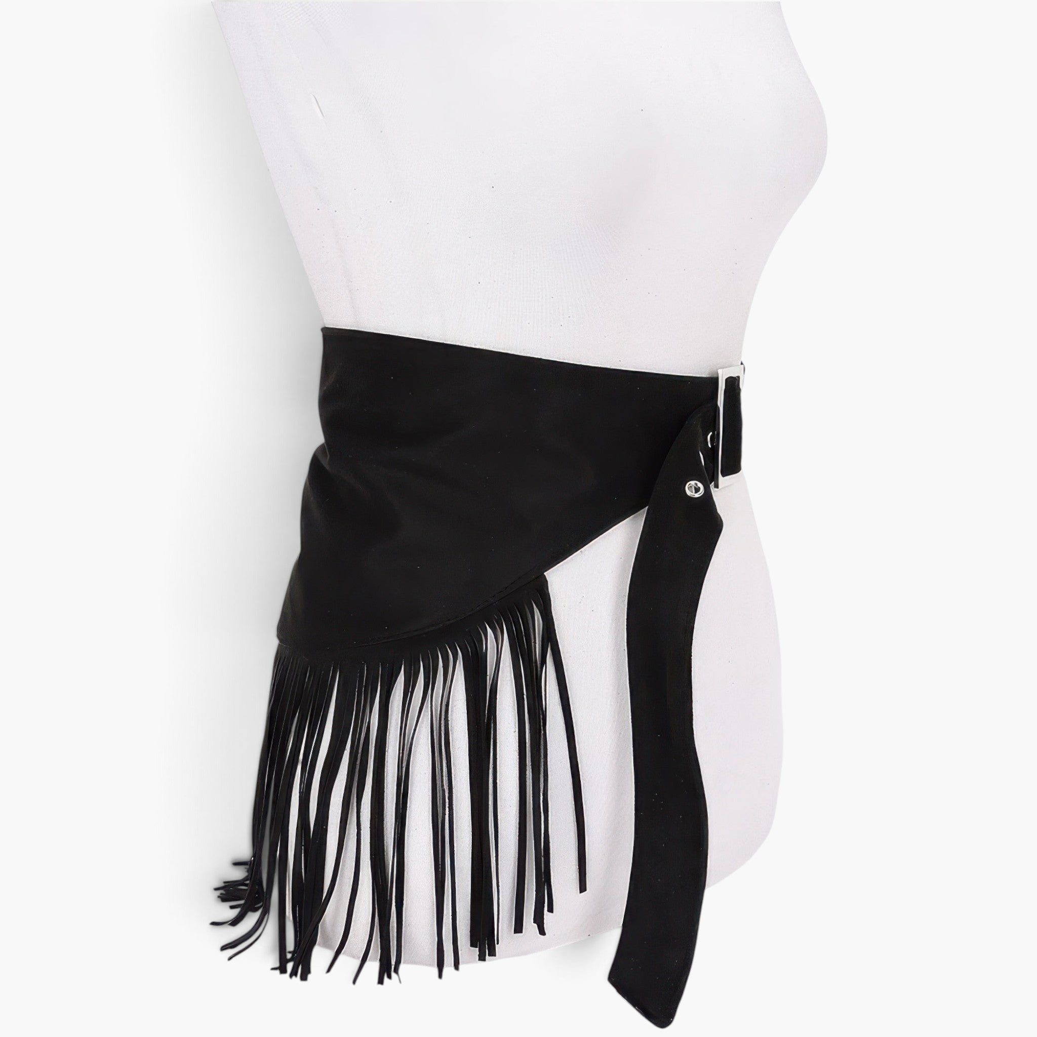 Beach Rose Co. black faux suede fringe belt with a sleek buckle displayed on a mannequin
