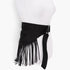 Beach Rose Co. black faux suede fringe belt with a sleek buckle displayed on a mannequin