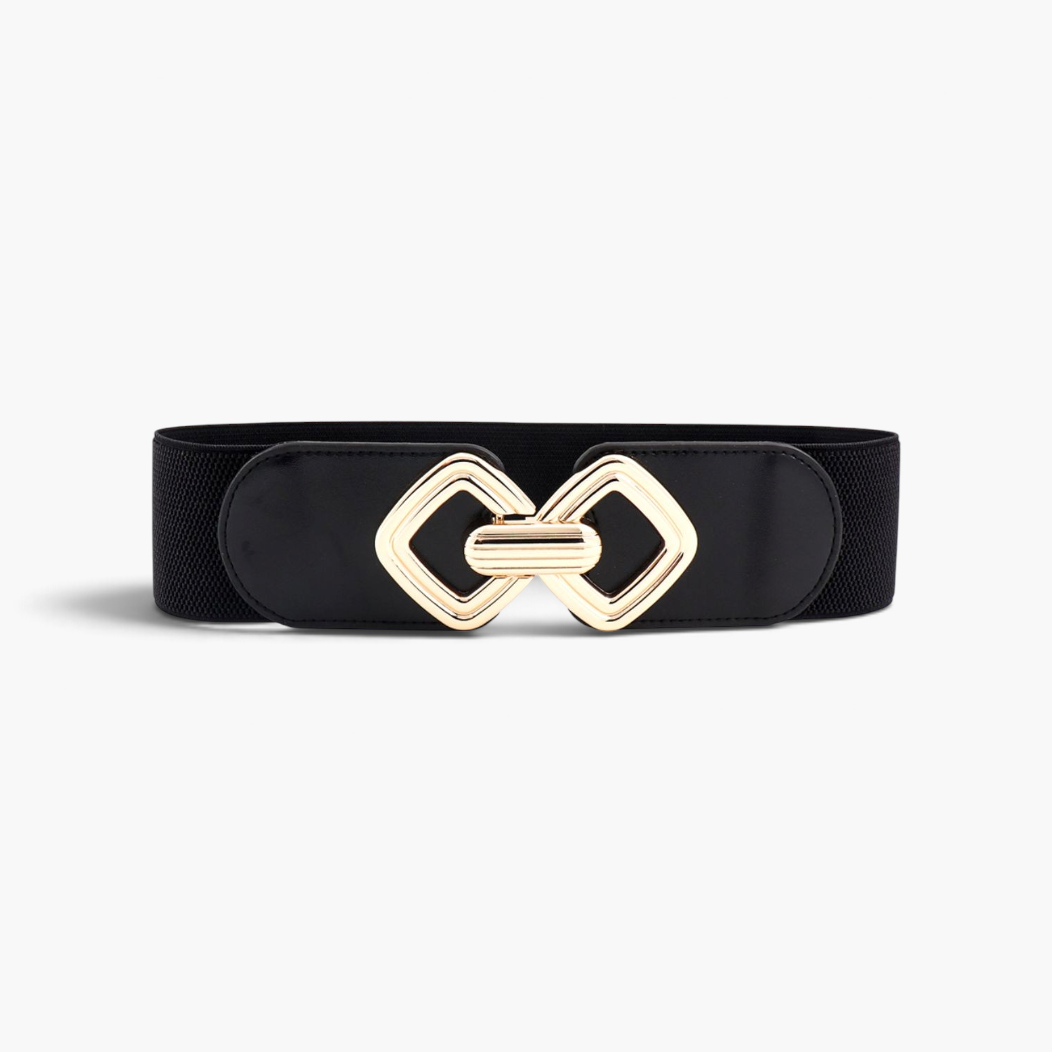 Beach Rose Co. black stretch waist belt with a gold geometric double diamond alloy buckle and ridged center detail.