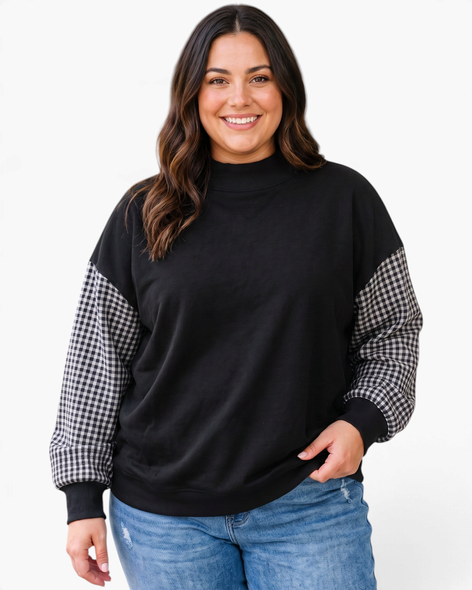 Beach Rose Co. plus size black sweatshirt featuring a ribbed mock neck and contrasting gingham print long sleeves.