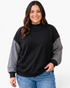 Beach Rose Co. plus size black sweatshirt featuring a ribbed mock neck and contrasting gingham print long sleeves.