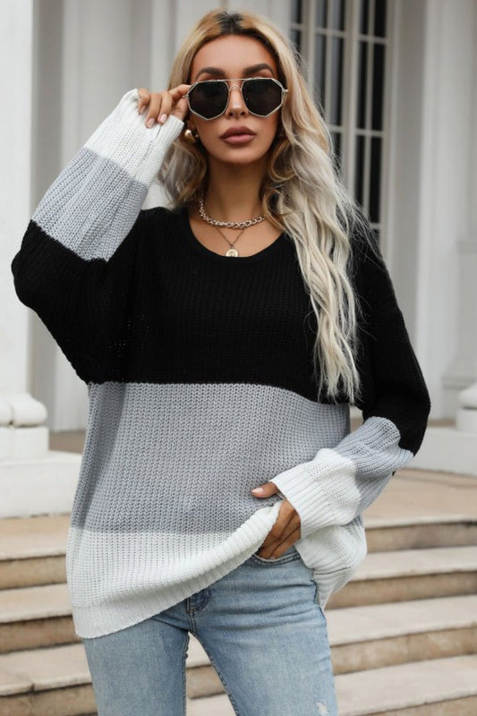 Beach Rose Co. - Black Gray Color Block Chunky Knit Sweater