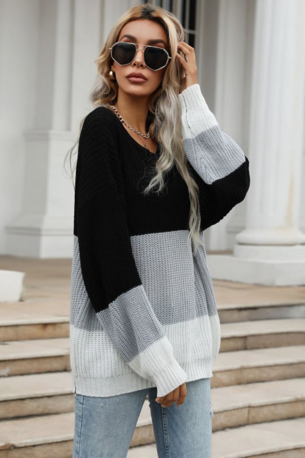 Beach Rose Co. - Black Gray Color Block Chunky Knit Sweater