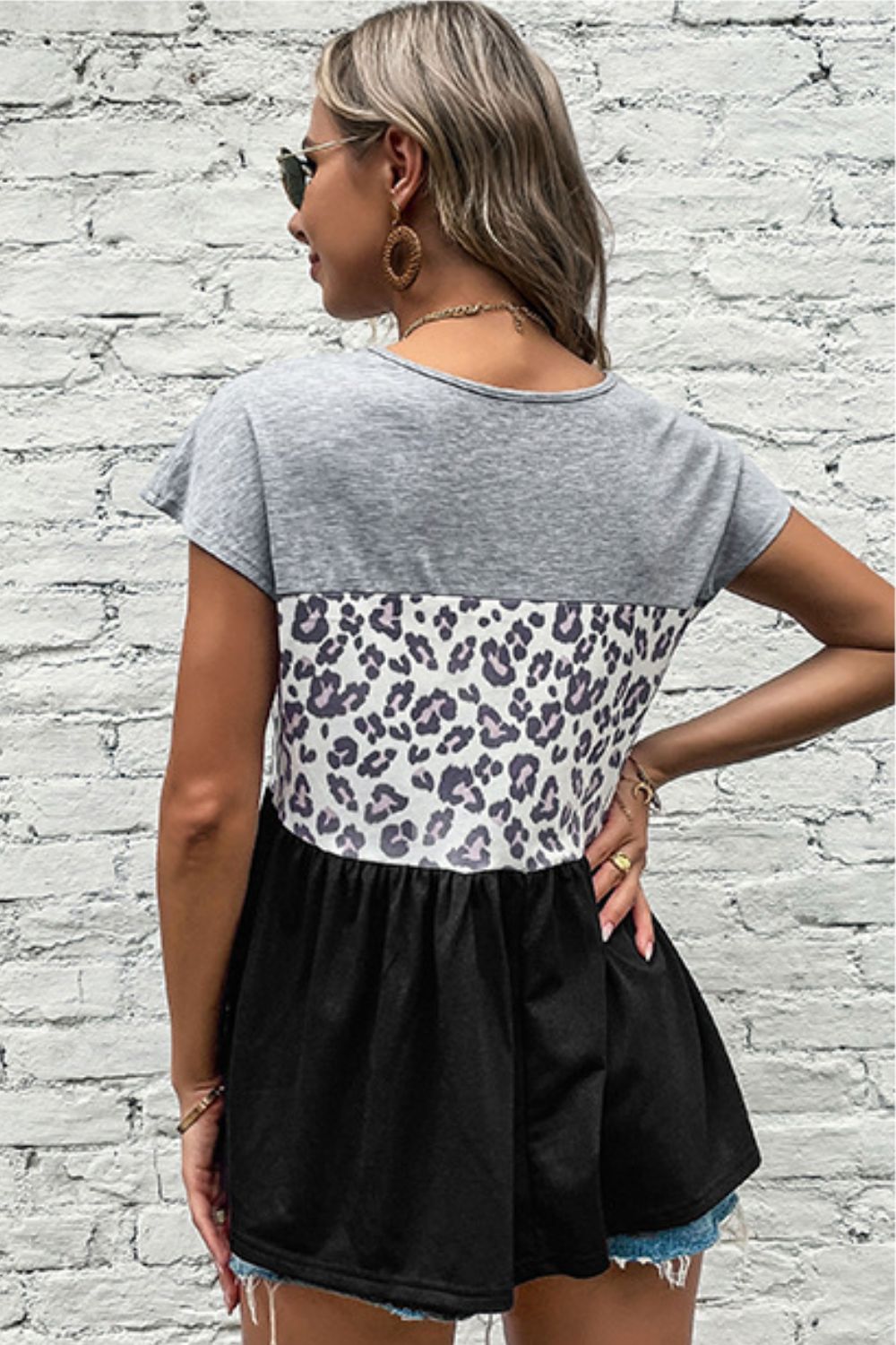 Beach Rose Co. - Black Gray Leopard Color Block Babydoll Tee Shirt