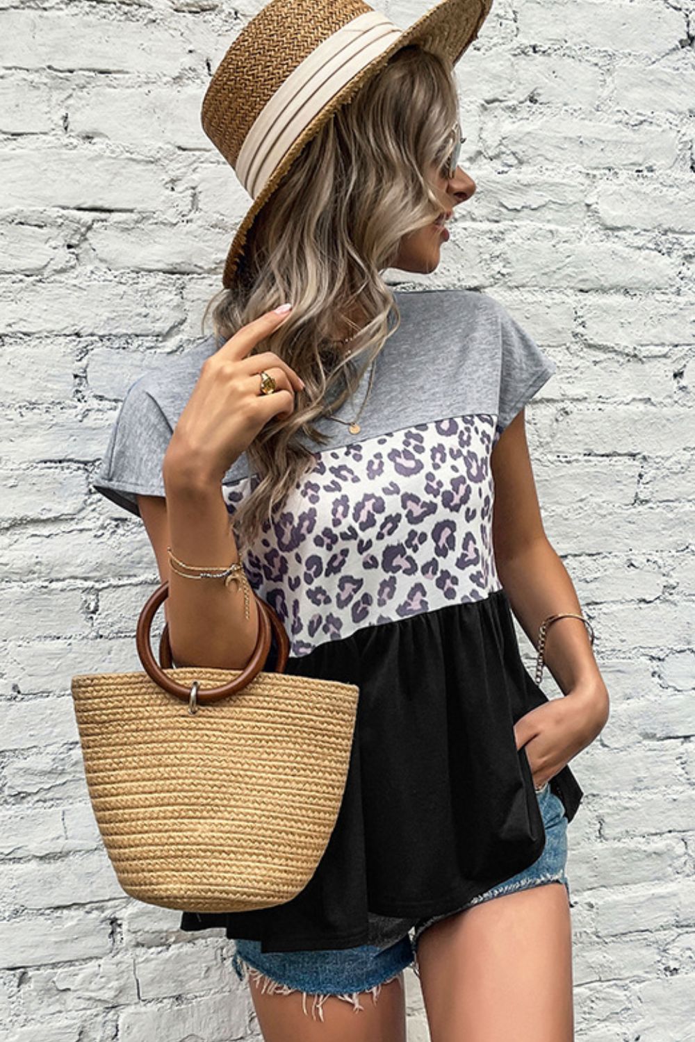 Beach Rose Co. - Black Gray Leopard Color Block Babydoll Tee Shirt