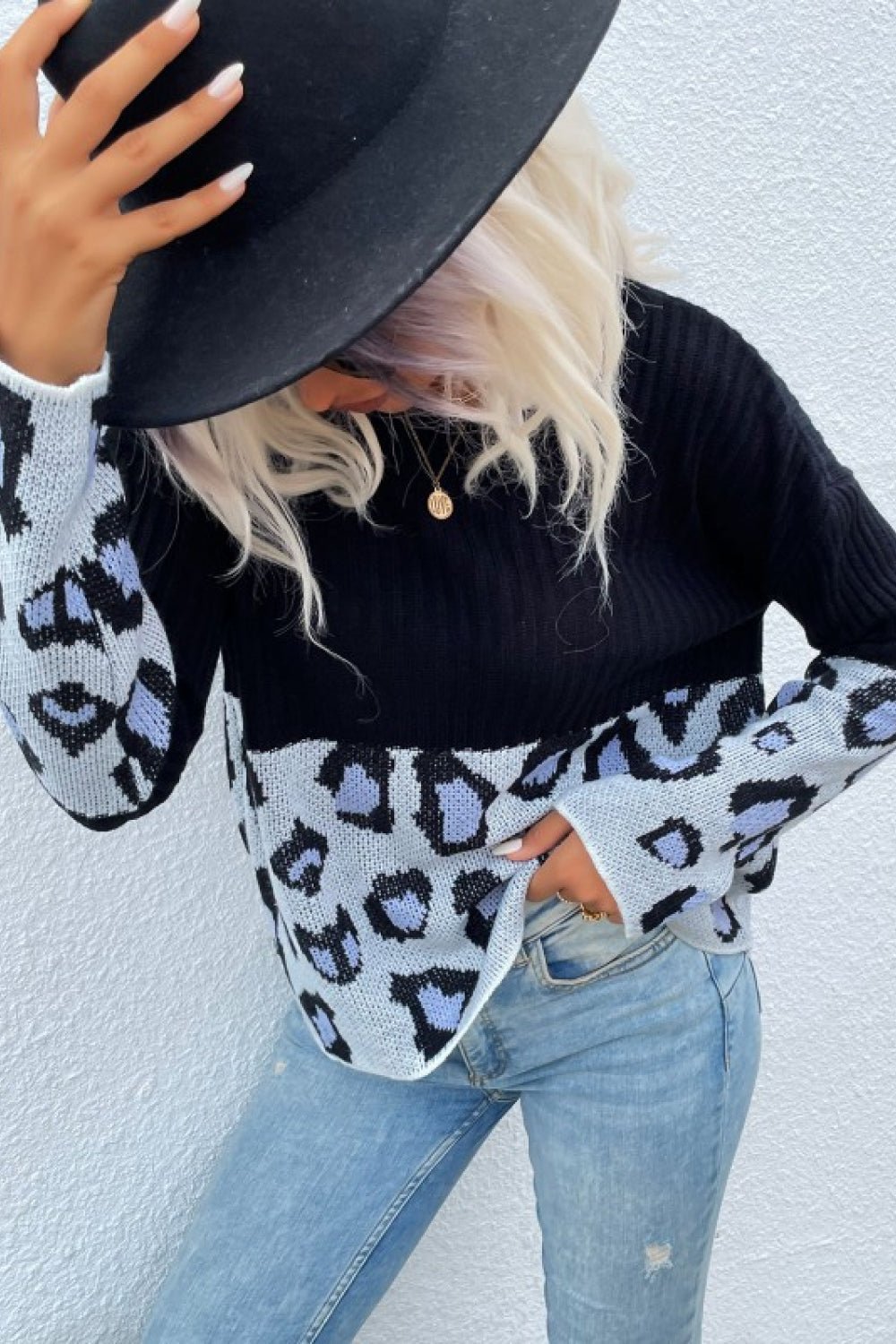 Beach Rose Co. - Black Gray Leopard Color Block Sweater