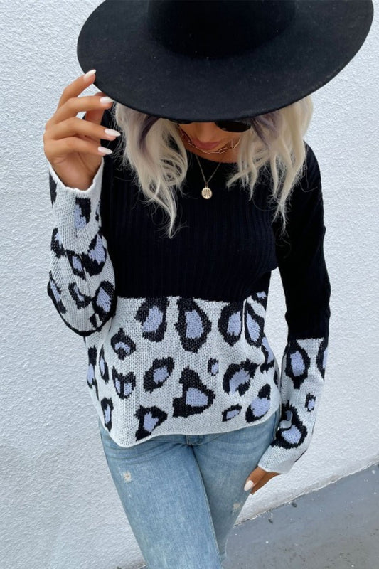 Beach Rose Co. - Black Gray Leopard Color Block Sweater