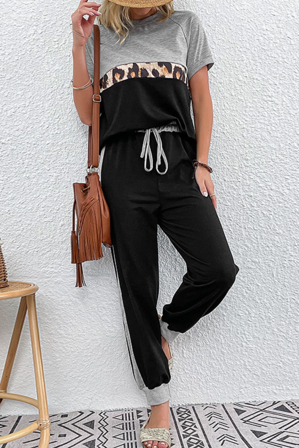 Beach Rose Co. - Black Gray Short Sleeve Top and Drawstring Pants Set