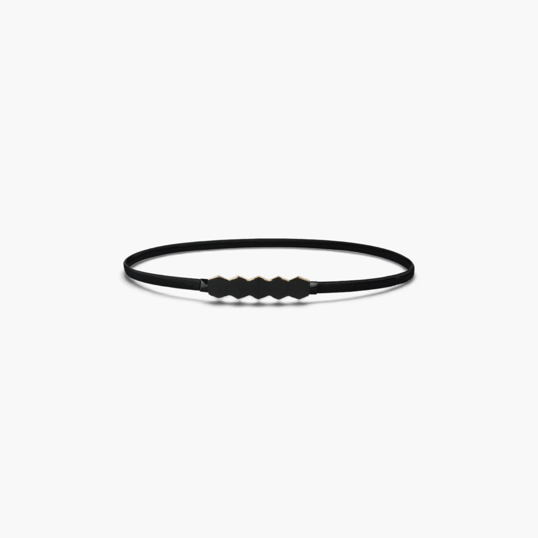 Beach Rose Co. black skinny metal waist belt featuring a geometric hexagon buckle and a flexible ribbed stretch band.