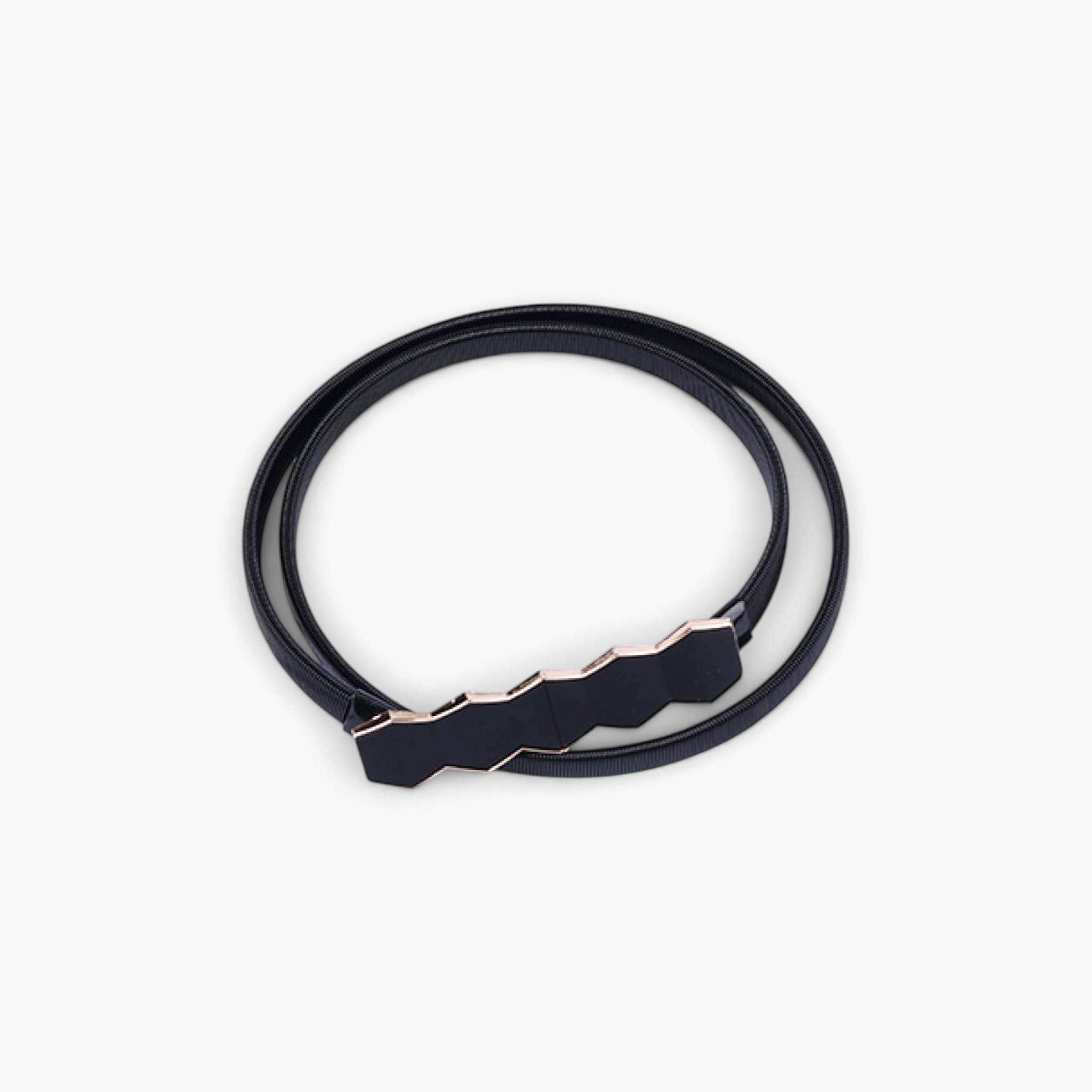 Beach Rose Co. black skinny waist belt featuring a geometric hexagon buckle with a ribbed stretch metal band.