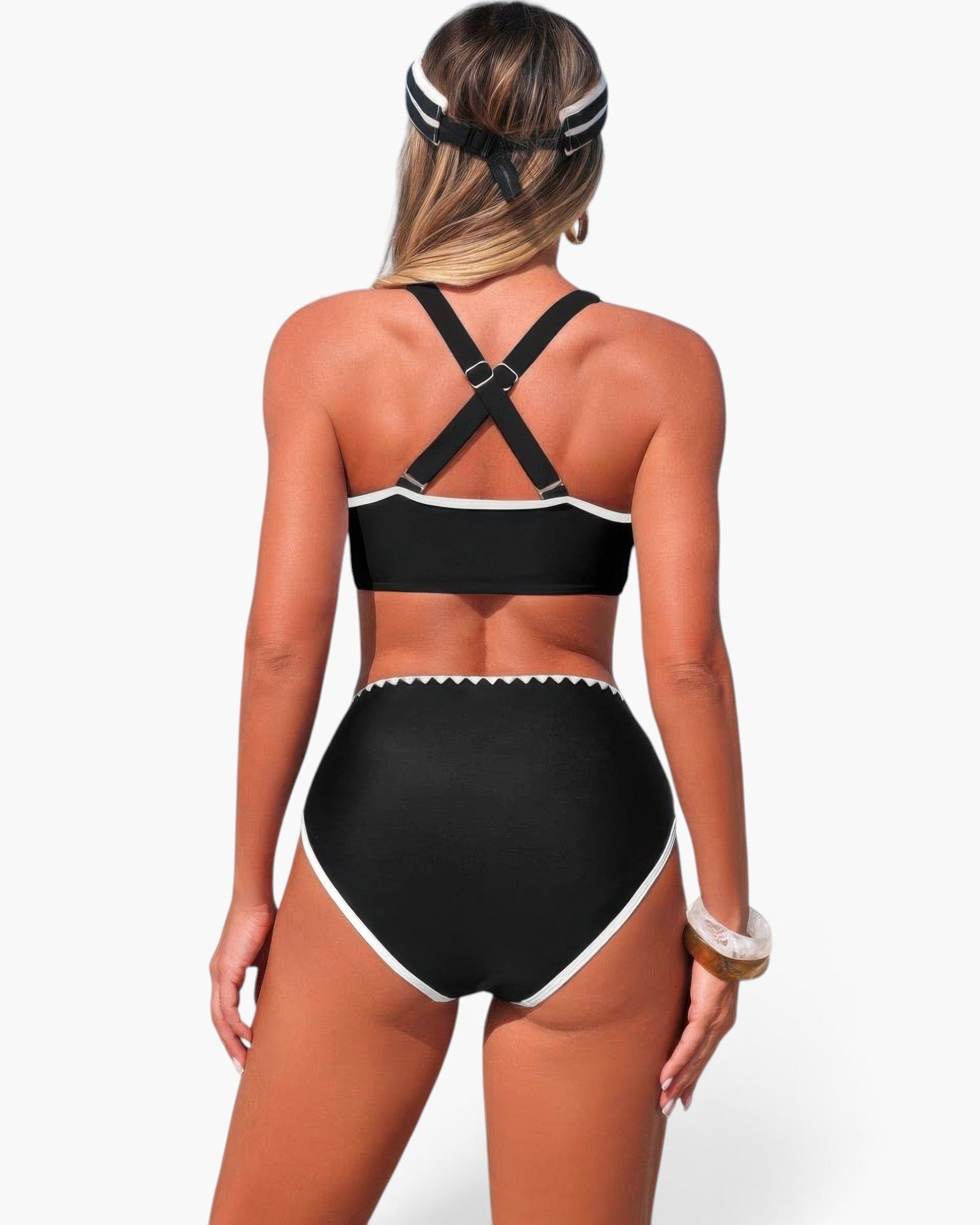 Beach Rose Co. black high-waisted bikini set with white contrast trim, scalloped edges, and crisscross back straps.