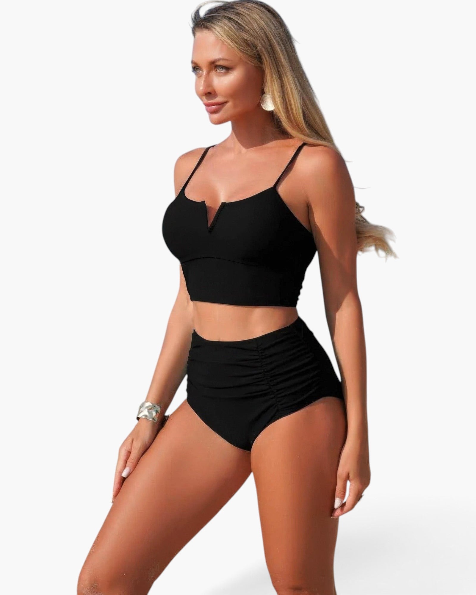 Beach Rose Co. black two-piece bikini with a notched neckline top and high-waisted pleated bottoms on a blonde model.