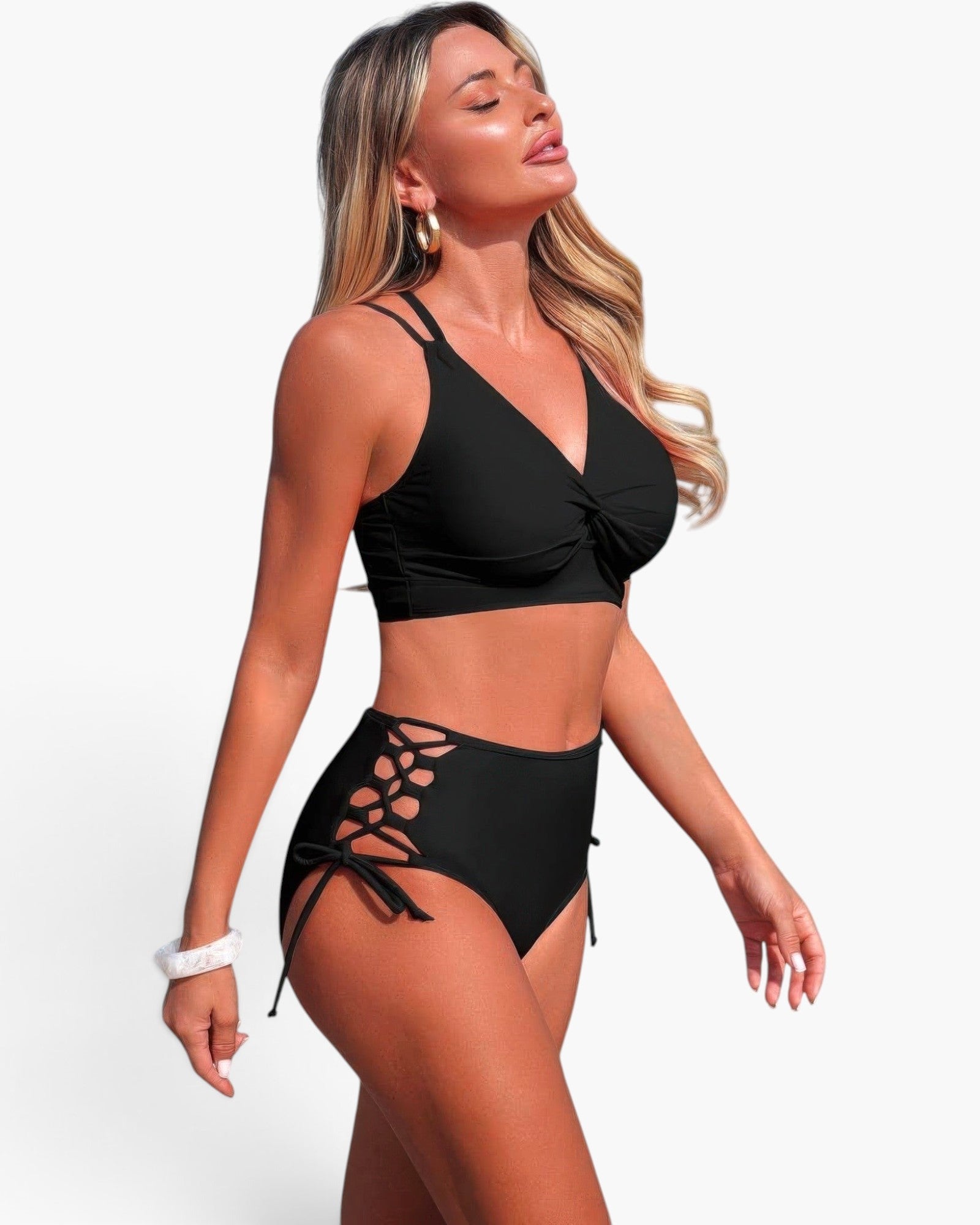 Beach Rose Co. black two-piece bikini with V-neck top and high-waisted bottoms featuring stylish cross-side lacing.