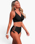 Beach Rose Co. black two-piece bikini with V-neck top and high-waisted bottoms featuring stylish cross-side lacing.