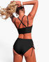 Beach Rose Co. black two-piece bikini with high-waisted bottoms and cross-back straps on a woman from behind