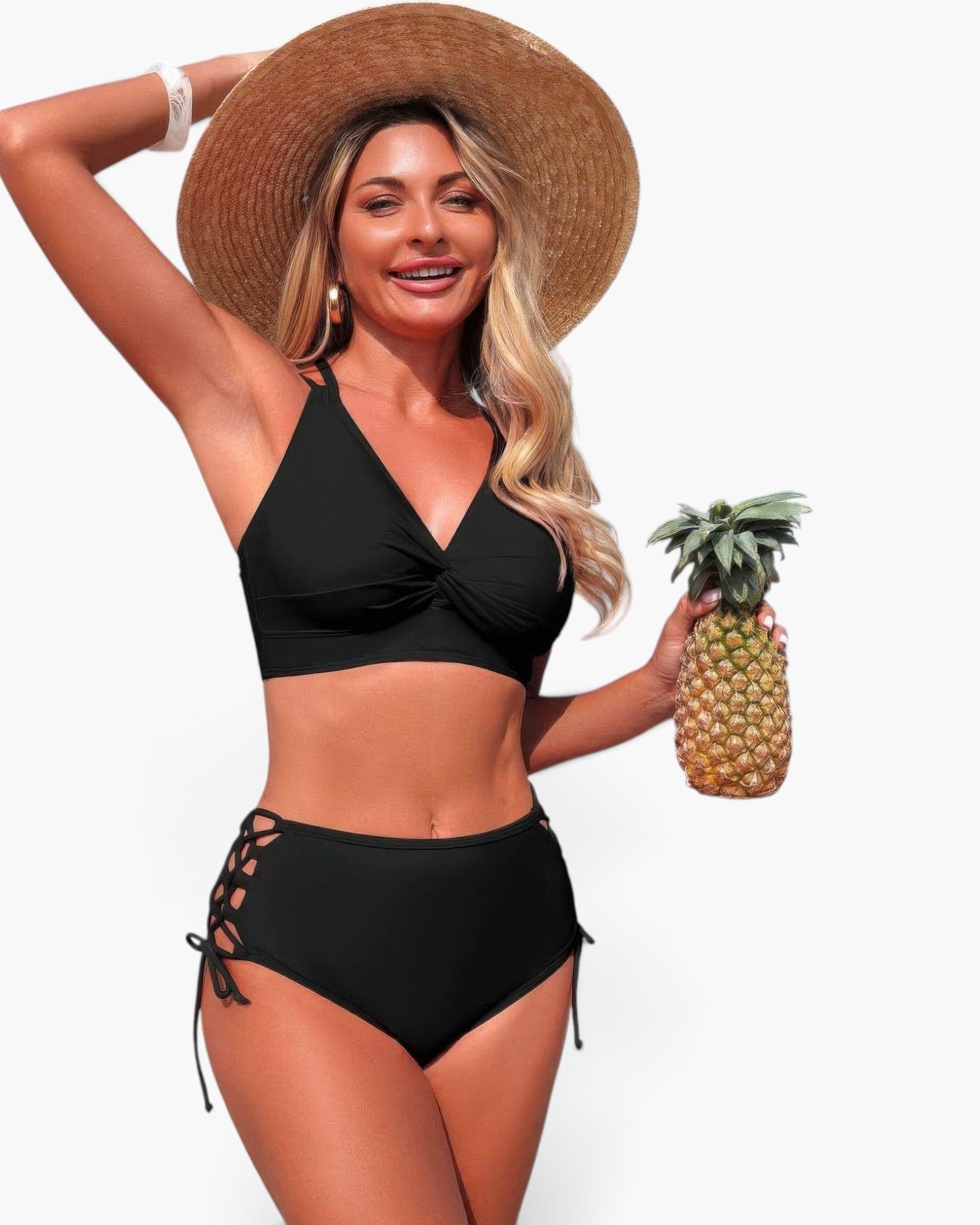 Beach Rose Co. black two-piece bikini with V-neck top and high-waisted bottoms featuring cross-side lace-up detail