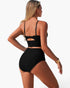 Beach Rose Co. black two-piece bikini with high-waisted bottoms and pleated detailing, back view on a model