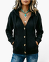 Beach Rose Co. black knit hooded cardigan with front buttons, pockets, and ribbed trim worn with layered necklaces.