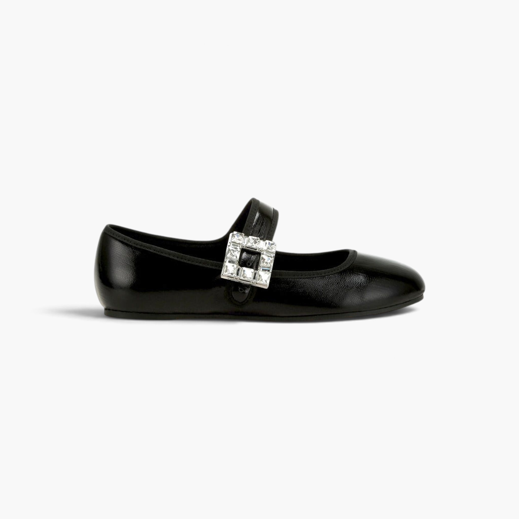 Beach Rose Co. black glossy Mary Jane flats with a square jewel-embellished buckle and rounded toe.