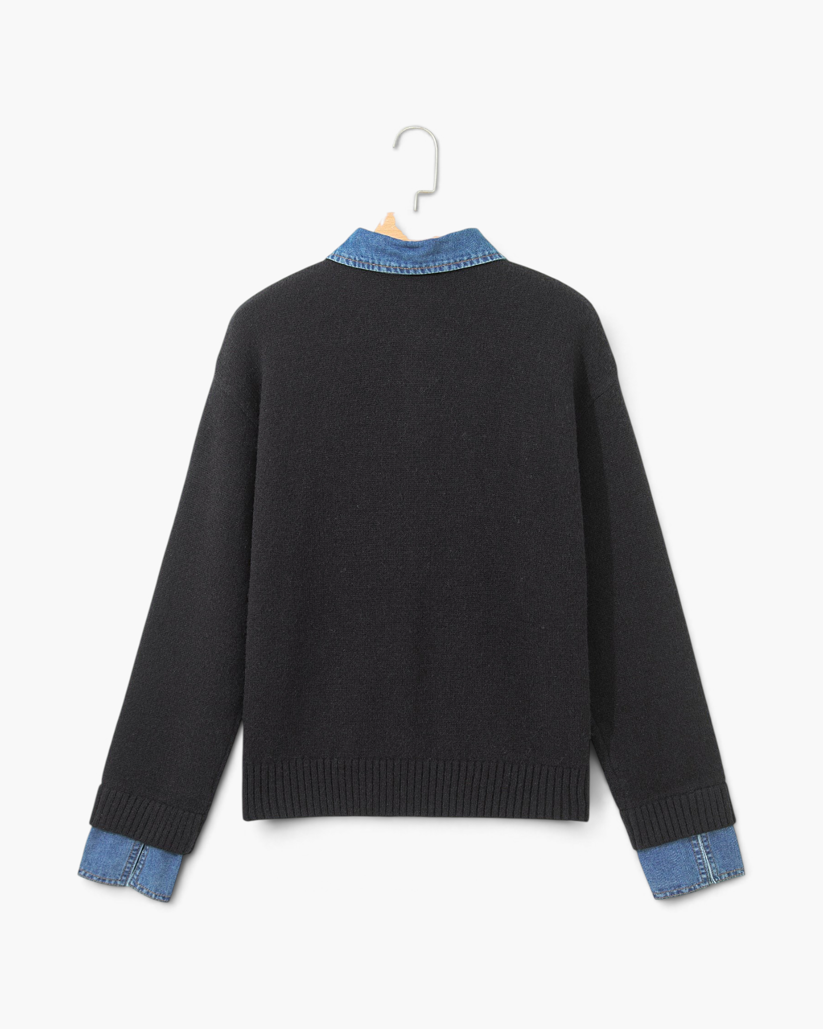 Beach Rose Co. black knit sweater with denim collar and cuffs, featuring a drop shoulder and ribbed hem, back view.