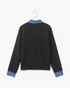 Beach Rose Co. black knit sweater with denim collar and cuffs, featuring a drop shoulder and ribbed hem, back view.