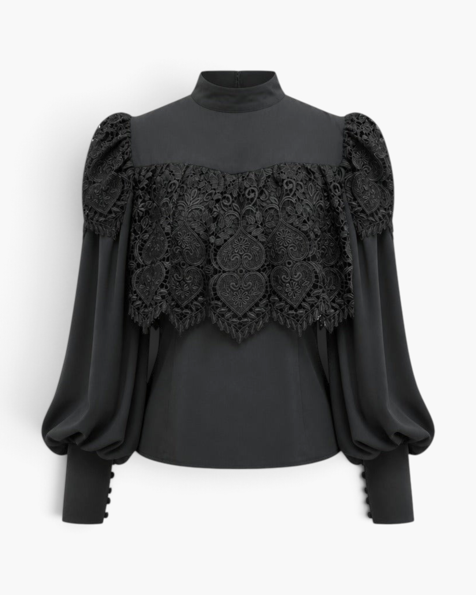 Beach Rose Co. black blouse featuring an ornate lace overlay, high neckline, and dramatic balloon sleeves.