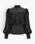 Beach Rose Co. black blouse featuring an ornate lace overlay, high neckline, and dramatic balloon sleeves.